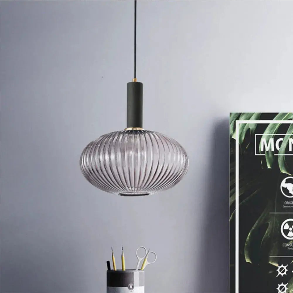 Glass pendant light with ribbed lavender globe for retro loft decor