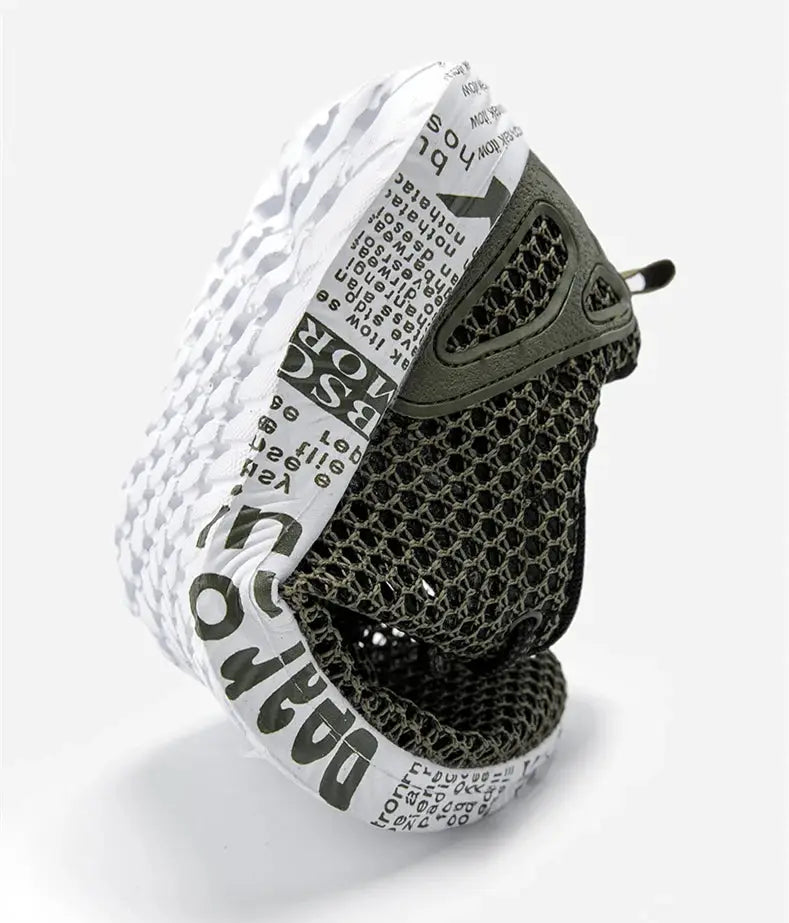 Simples Market water shoes with black air-mesh upper and white printed foam sole