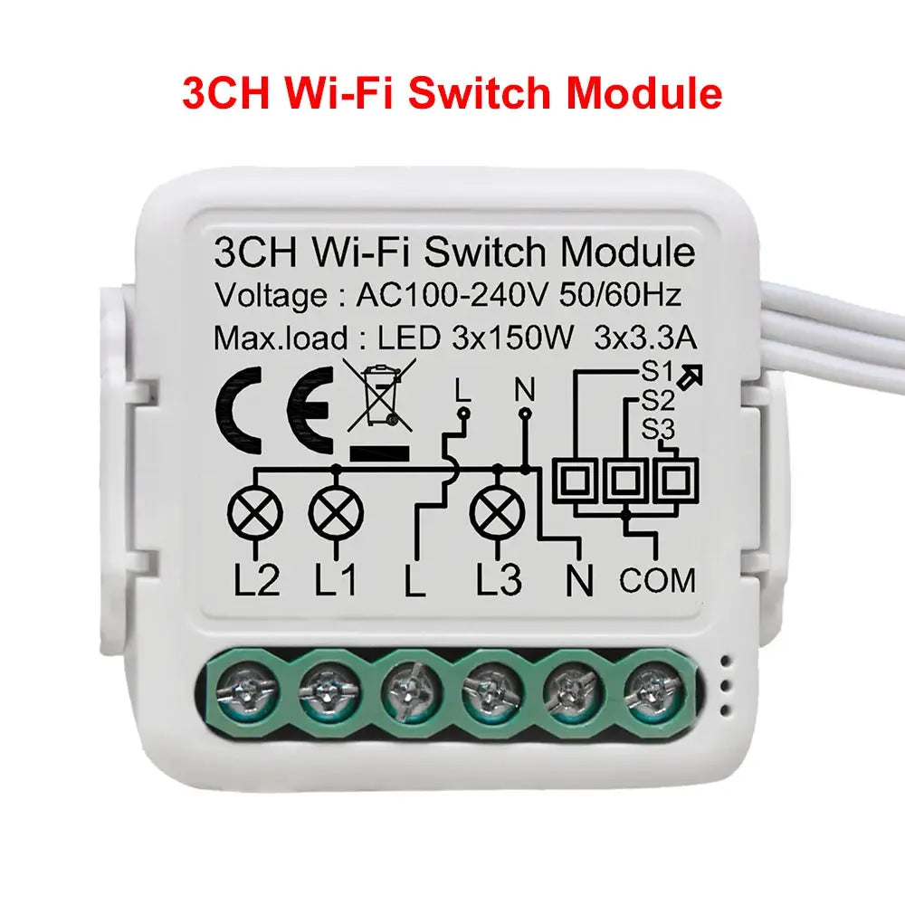 Simples Market 3CH Wi-Fi switch module, white smart relay with L, N terminals and S1–S3 inputs