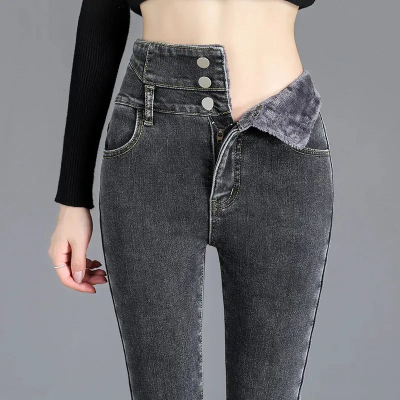 Thermal Winter Thick Fleece High Waist Stretch Skinny Jeans For Women