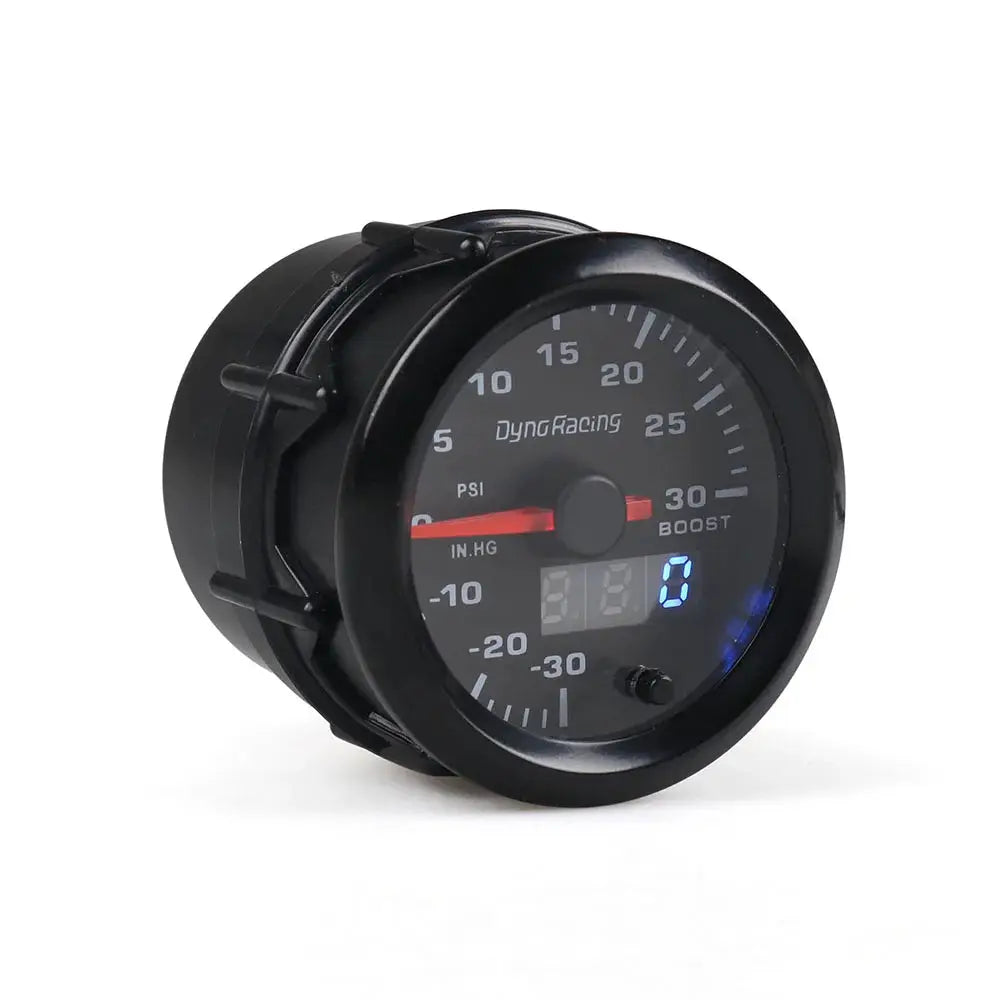 Dynoracing 52mm LED dual-display car gauge in black housing with boost readout