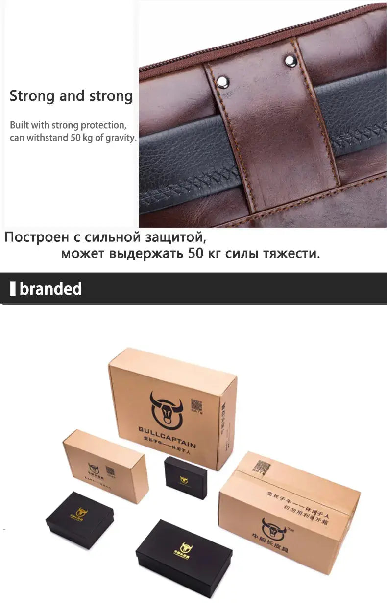 BullCaptain men's leather belt waist bag fanny pack with MOLLE, brown; branded packaging boxes