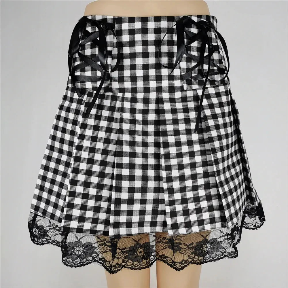 Skirt Simples Market black-and-white gingham high-waist mini with lace-trim hem and side ribbon lacing