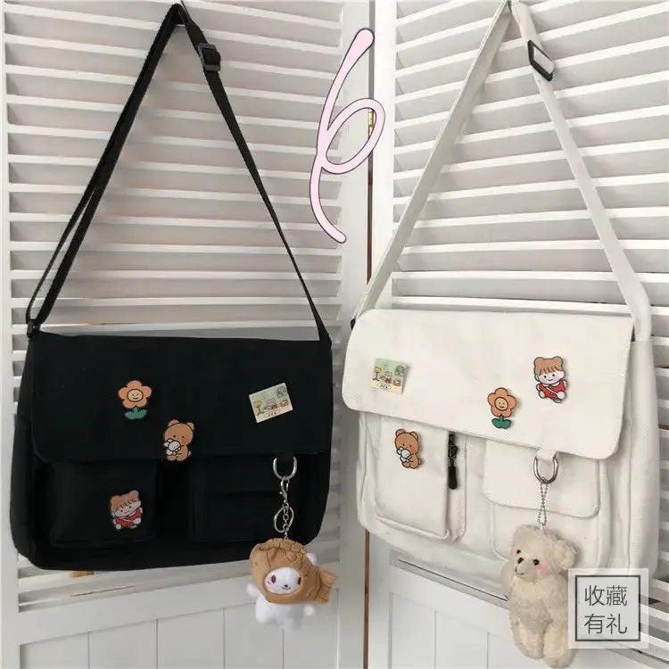 Messenger bags by Simples Market, black and white canvas with cute patches and charms (set of 2)