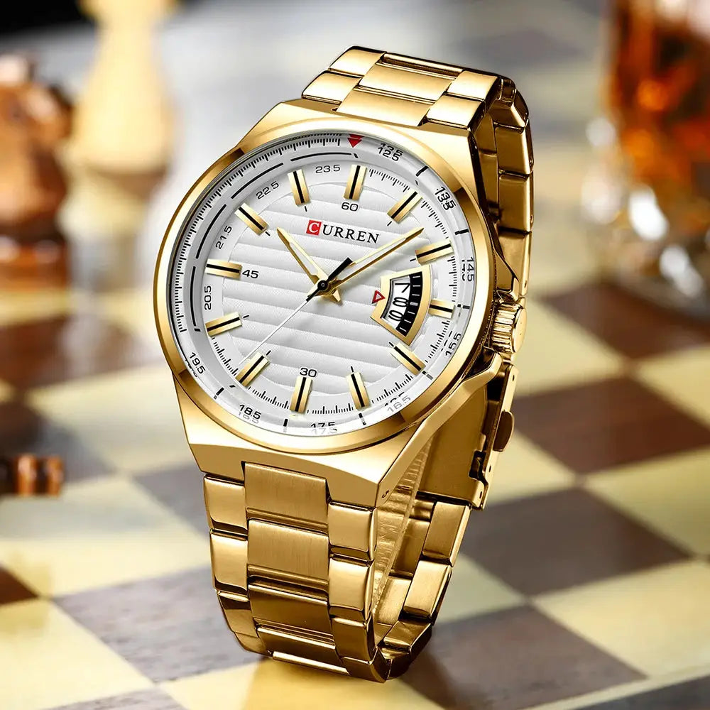 CURREN men's luxury watch with gold stainless steel band, quartz movement, date window