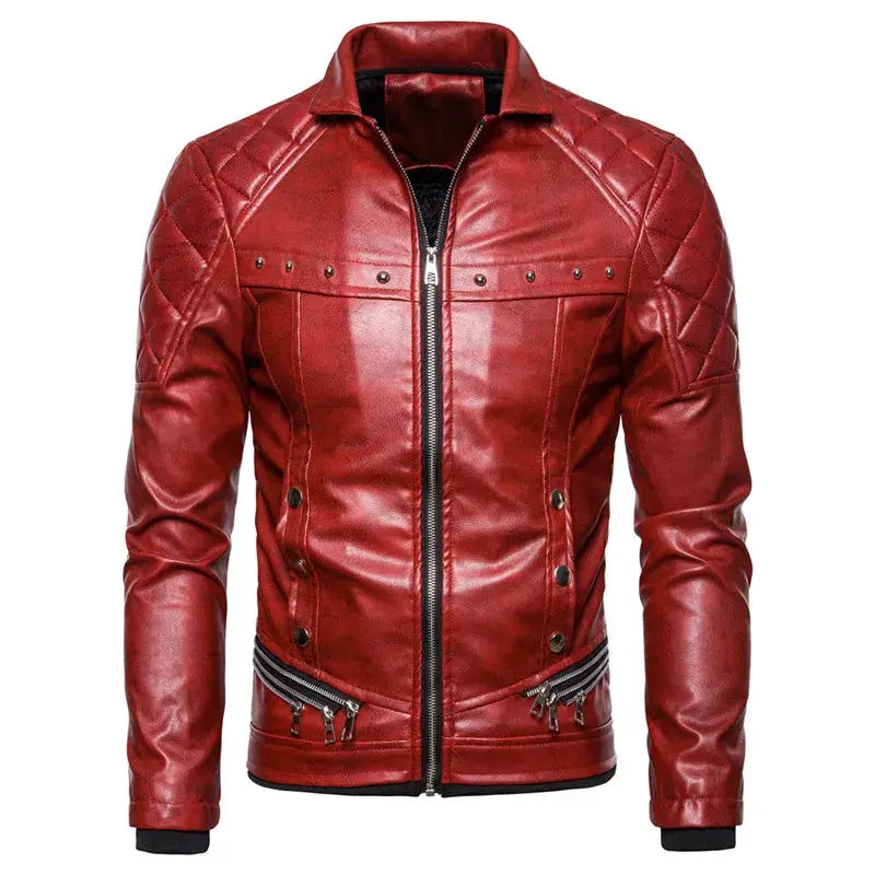 Red leather motorcycle jacket with quilted shoulders, front zip, and two zippered pockets