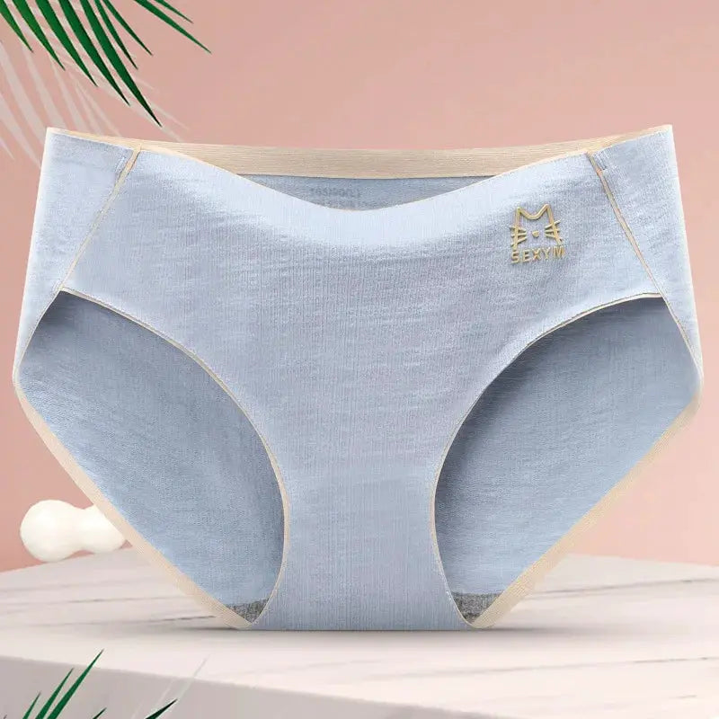 Panties by Simples Market, cotton antibacterial seamless underwear for women in light blue with beige trim.
