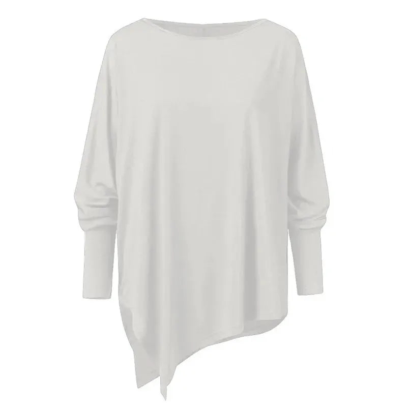 Cotton blouse for women, white with irregular hem and long sleeves, O-neck pullover style