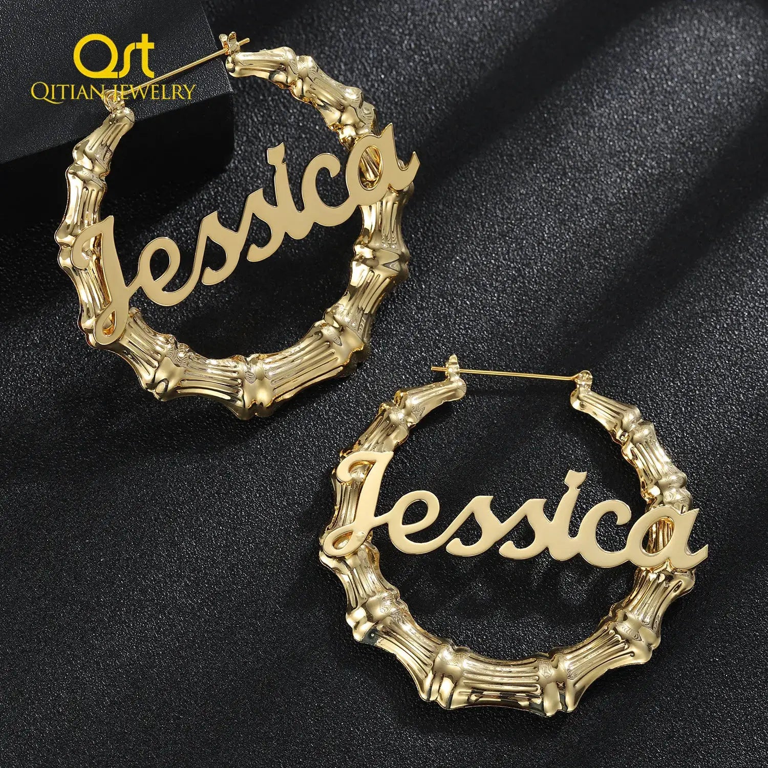 Gold-tone bamboo hoop earrings with a custom name script, set of two, from Qitian Jewelry