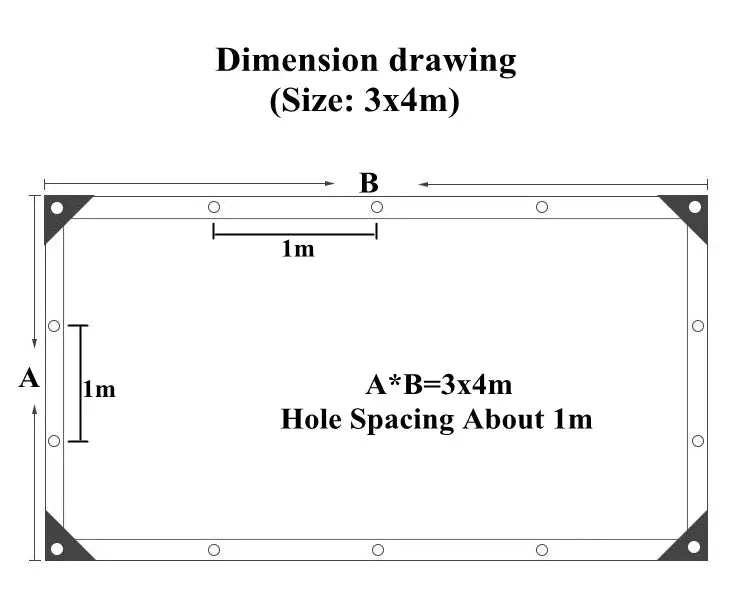 Sunshade net 3x4m dimension diagram by Simples Market showing 1m hole spacing and corner grommets