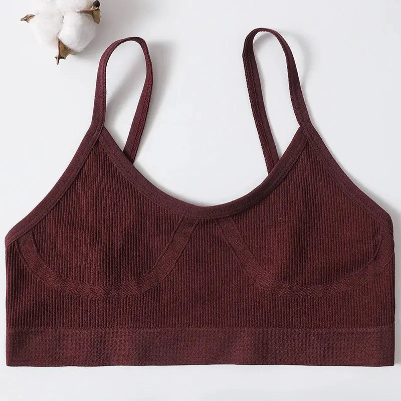 Seamless ribbed bralette with thin straps in burgundy, wireless, size M-XL
