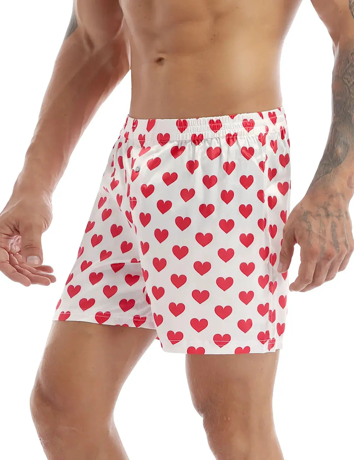 Men's heart-print boxer shorts in white with red hearts; lightweight beachwear