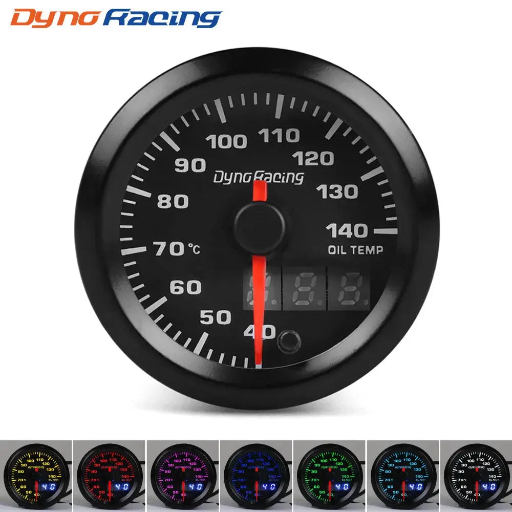 DynoRacing 2-inch 52mm LED dual-display car gauge, black housing with red needle, shows oil temp and oil pressure