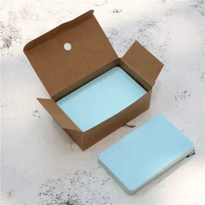 Kraft paper cards in an open box with pale blue blank writing cards, 100 pcs