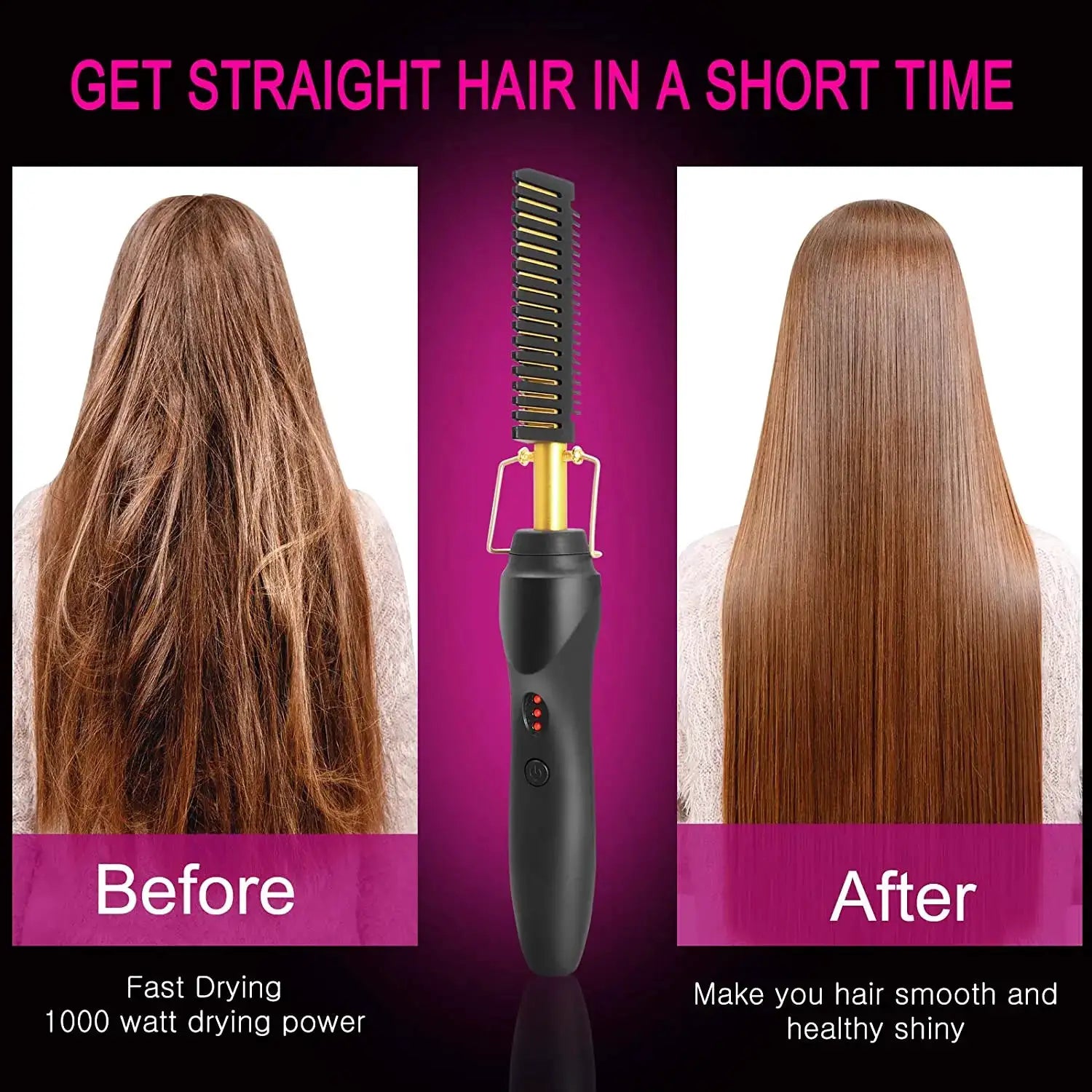 2-in-1 hot comb hair straightener by Simples Market; black handle with gold accents, portable travel model