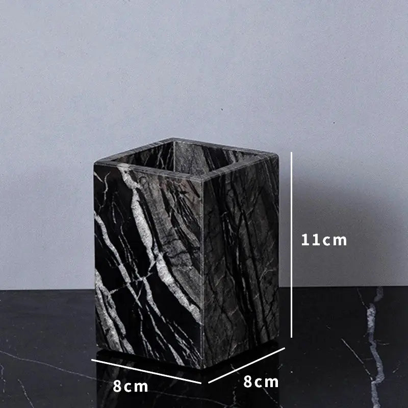 Simples Market natural marble bathroom toothbrush holder, black with white veining, 11 cm tall, 8 cm square base
