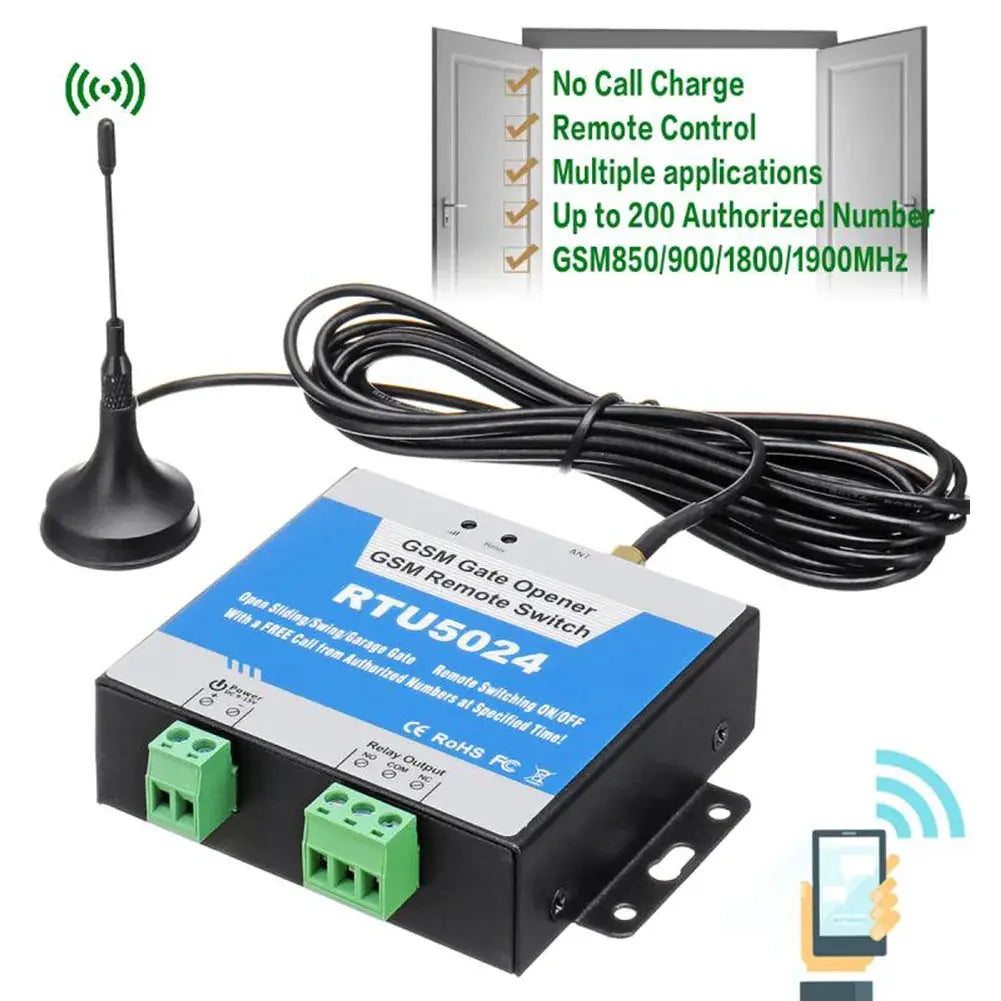 RTU5024 GSM Gate Opener relay switch with long antenna and dual green terminal blocks