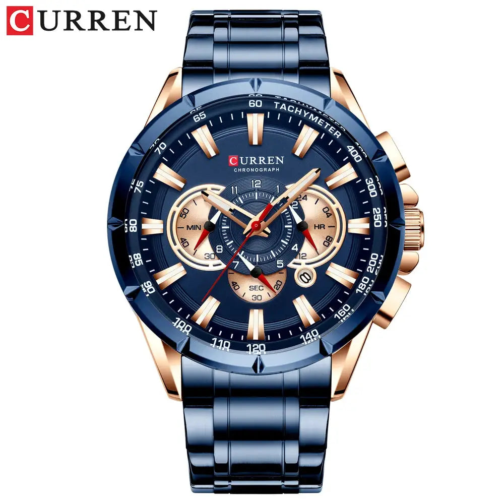 Curren men's chronograph stainless steel watch with blue dial and rose-gold accents