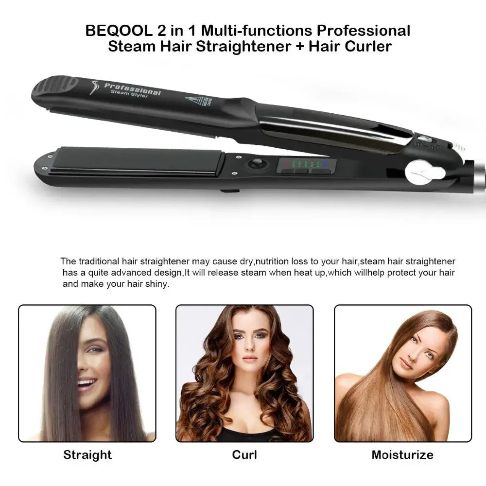 Simples Market 2-in-1 steam hair straightener and curler with black ceramic plates and digital display up to 450℉