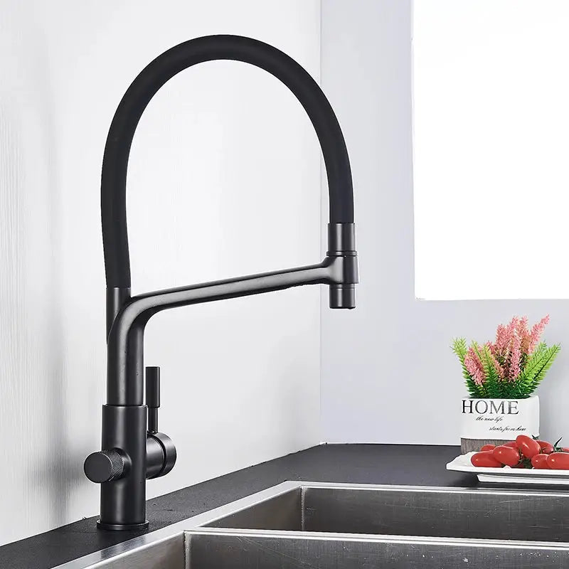 Rozin Purification kitchen faucet with black matte finish, pull-out spray head and high-arc design.
