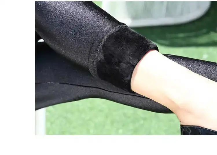 Autumn Winter Thick Leggings with black shiny fabric and fleece-lined ankle cuff.