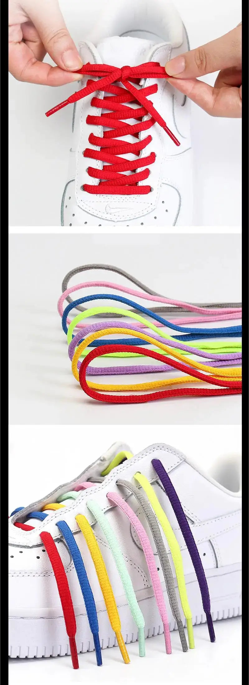 1 pair classic round shoelaces by Simples Market for sneakers; bright multi-color set with red laces on a white shoe.