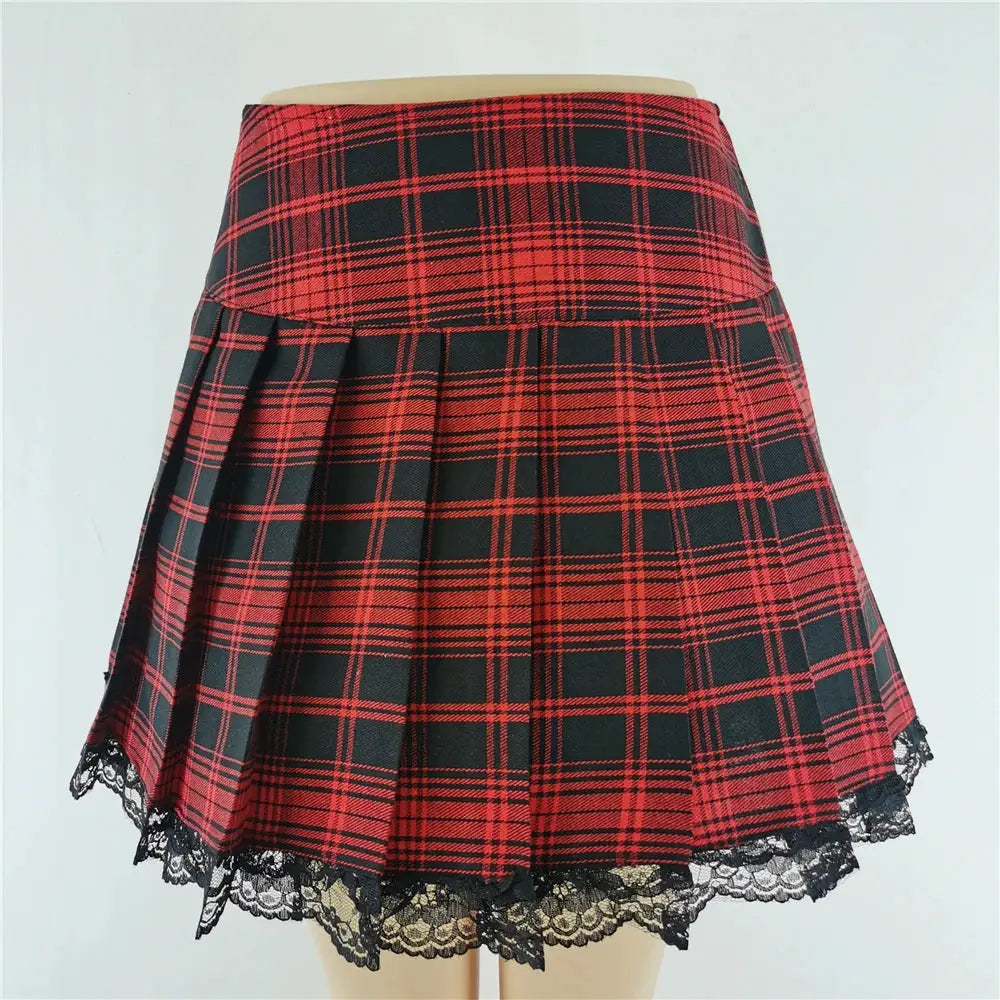 Skirt red and black plaid high-waist mini with lace-trim hem