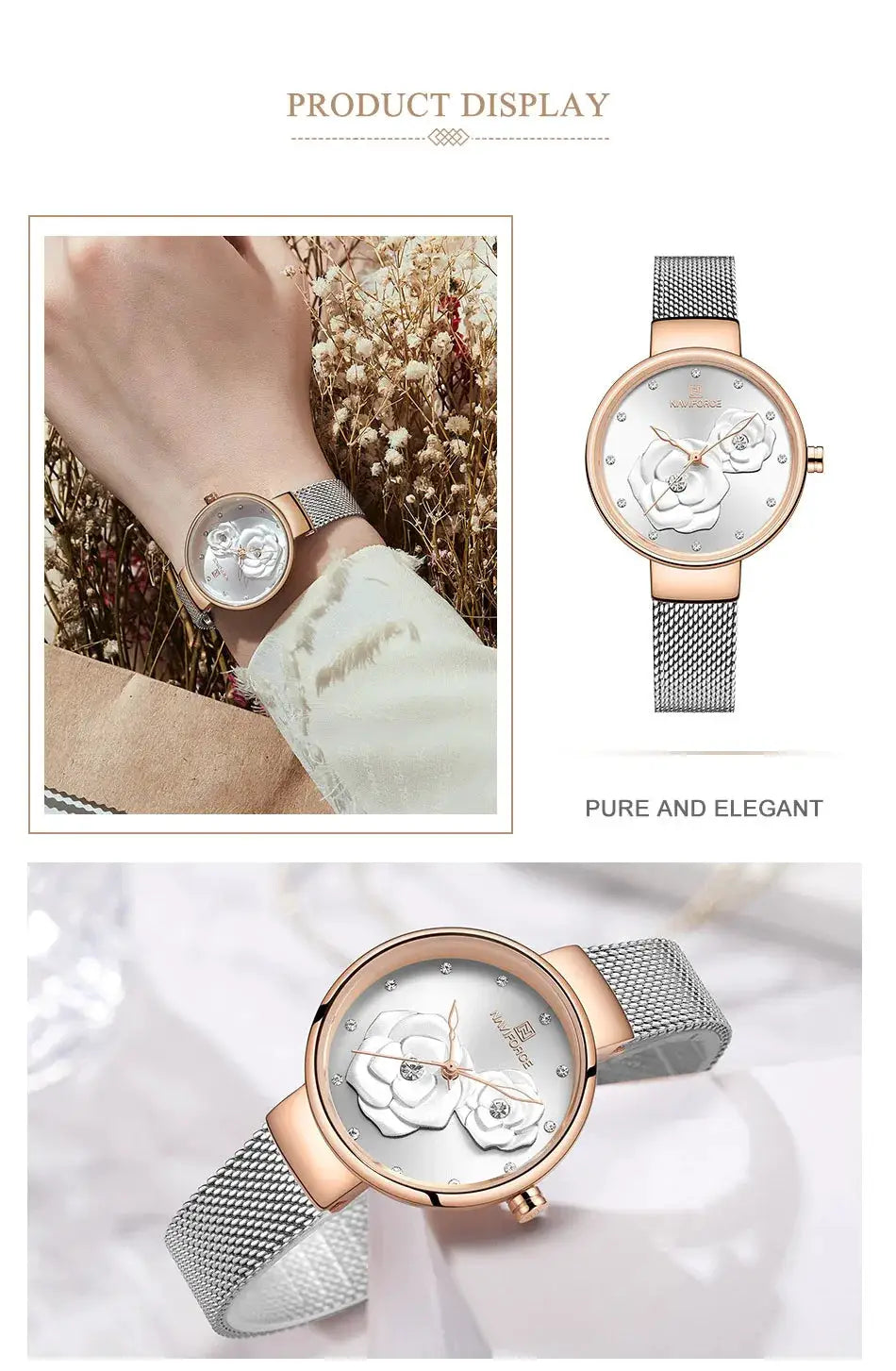 Women's NAVIFORCE watch with rose gold case and silver mesh strap, white floral dial.