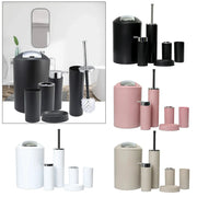 6-piece plastic bathroom accessories set in black; includes trash can, lid, toilet brush, brush holder, soap dispenser, soap dish