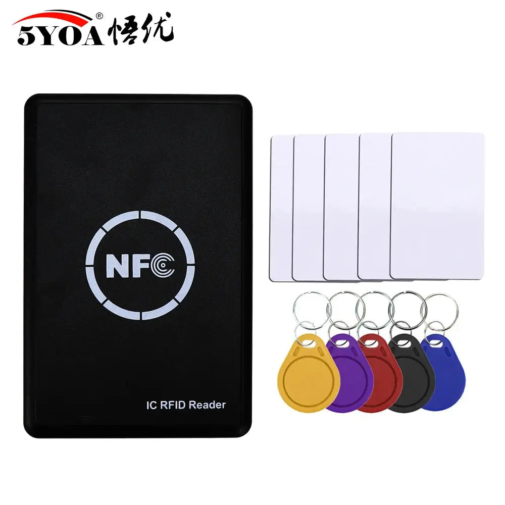 5YOA RFID card reader copier in black with NFC logo; includes 6 blank white cards and 6 colored keyfobs