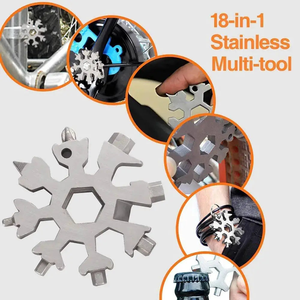 Snowflake 18-in-1 stainless steel multi-tool by Simples Market with bottle opener and screwdriver set for outdoor use.