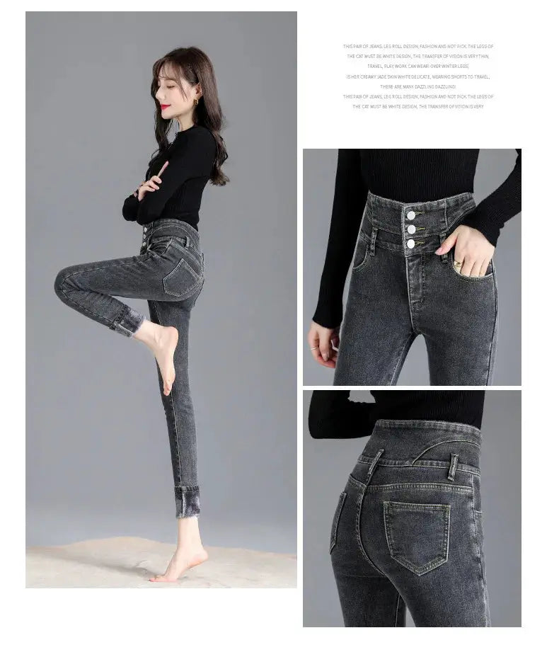 Thermal Winter Thick Fleece High Waist Stretch Skinny Jeans For Women