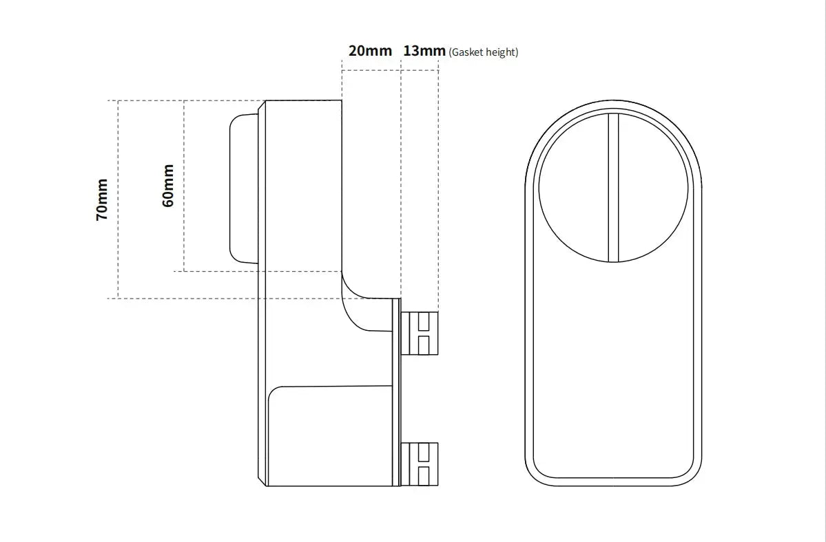 A1 Pro Bluetooth Smart Door Lock cylinder by Simples Market - side and front blueprint with mounting dimensions