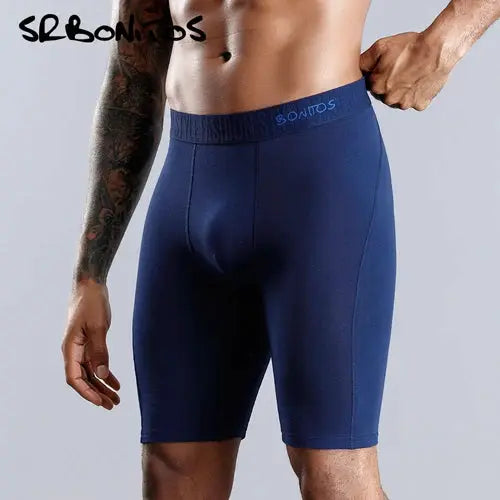 Men's navy blue cotton long-leg boxer shorts by Simples Market with branded waistband