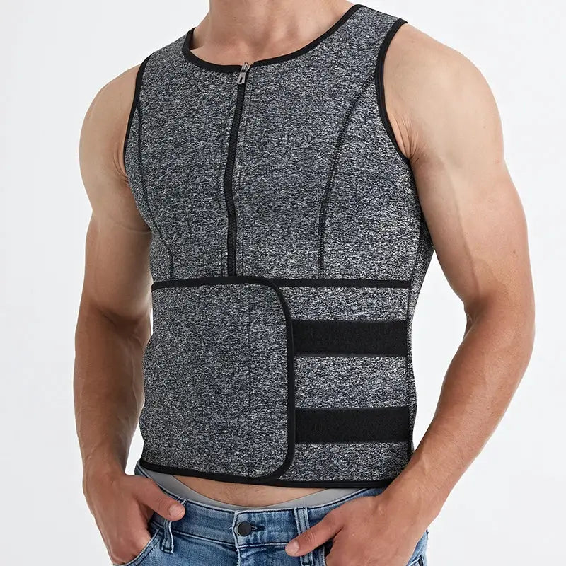 Men's waist trainer sauna vest body shaper in grey heather with black trim and front zipper