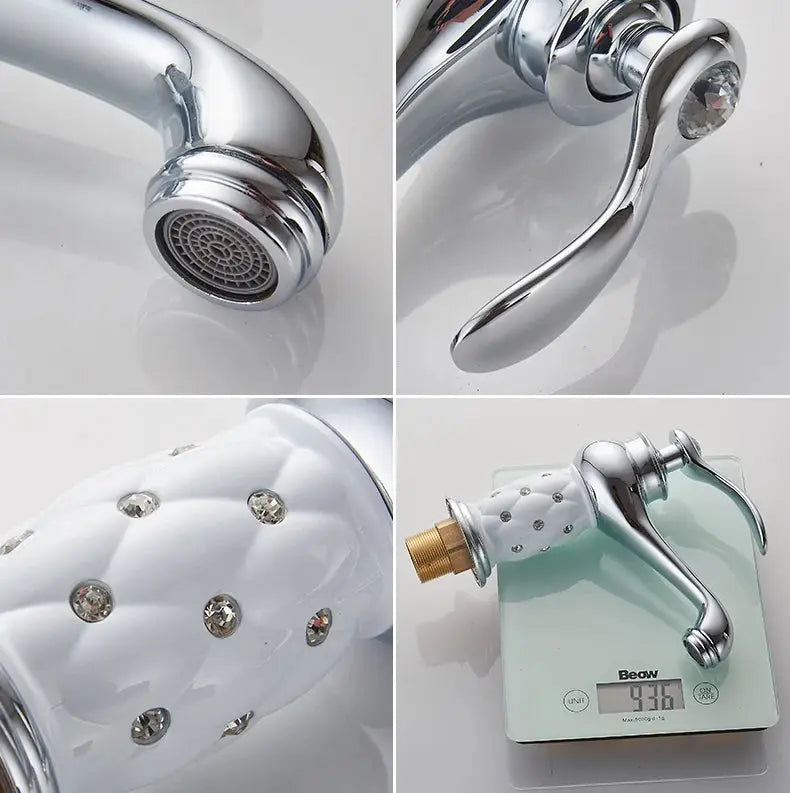 Simples Market ELFCT001 chrome bathroom faucet with single lever and crystal-accented handle, brass connector