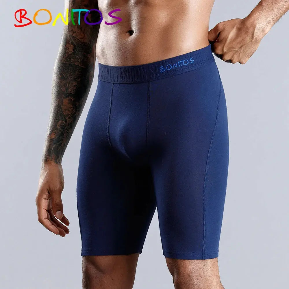 BONITOS men boxer shorts, navy blue long-leg underwear with elastic waistband.