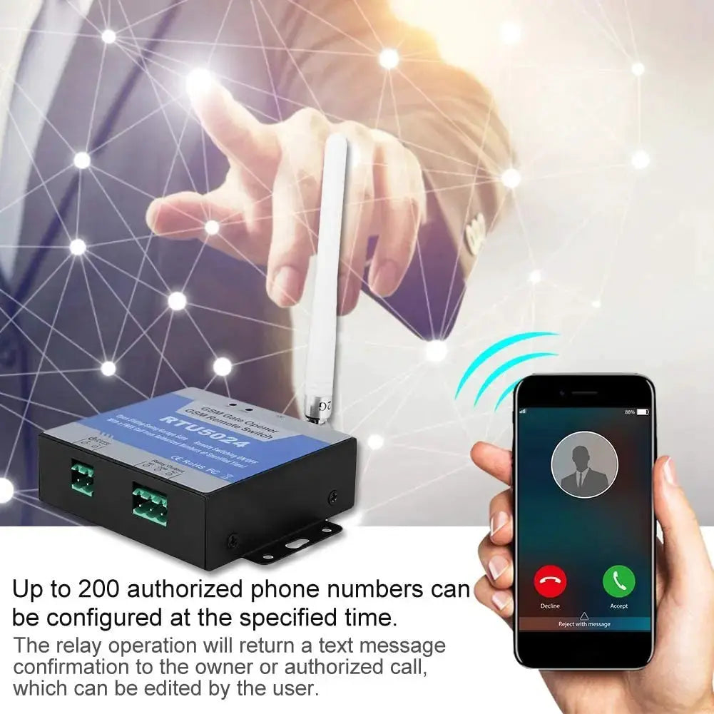 Simples Market RTU5024 GSM gate opener relay switch with long antenna, dual green terminals, smartphone control.