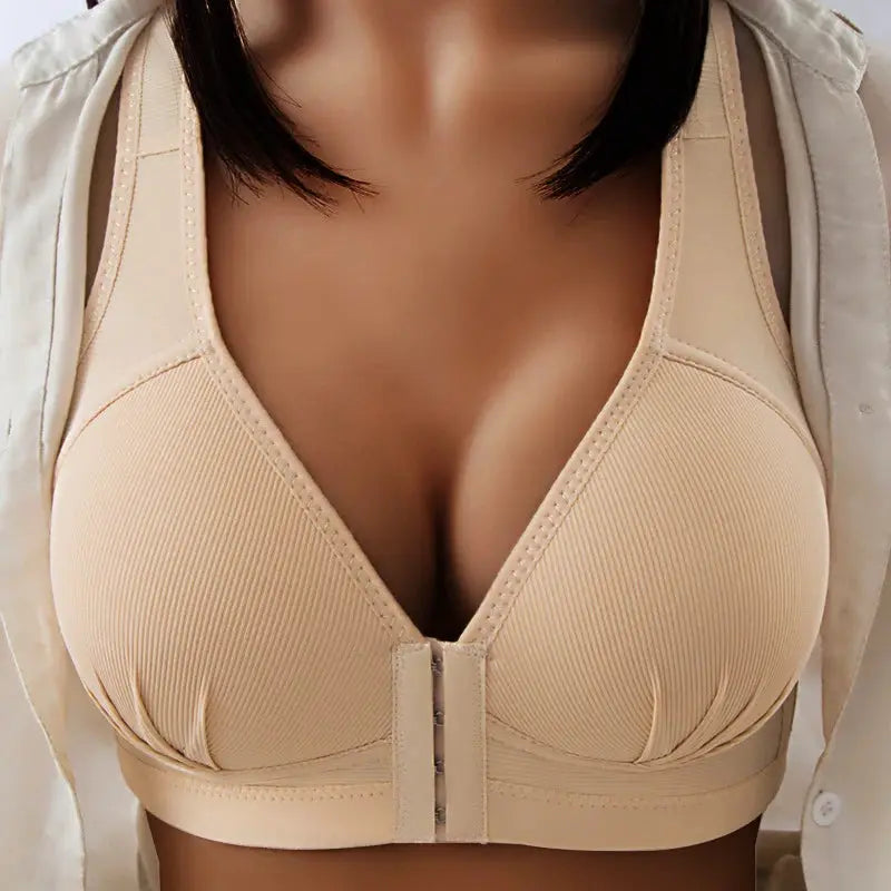 Push Up Front Button Bra nude by Simples Market, front-closure bralette with full support and ribbed cups