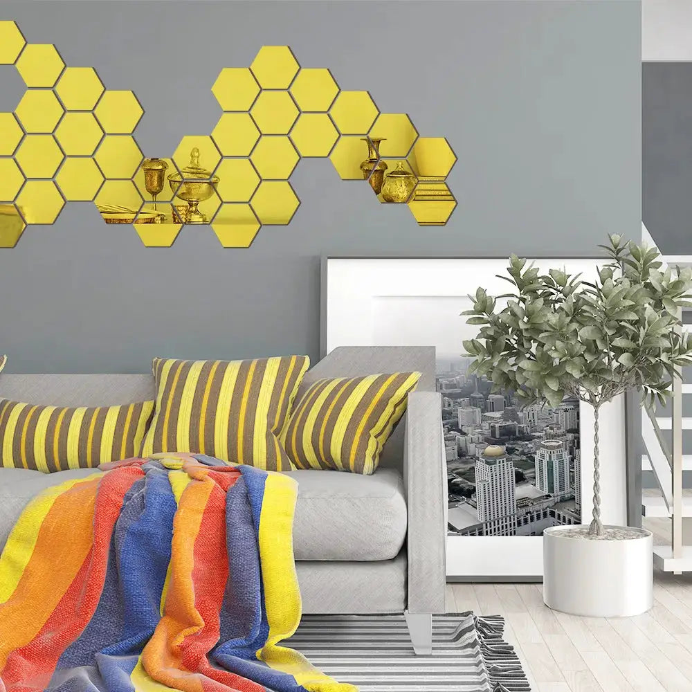 3D mirror hexagon wall sticker set, 6/12pcs, yellow gold, Simples Market.