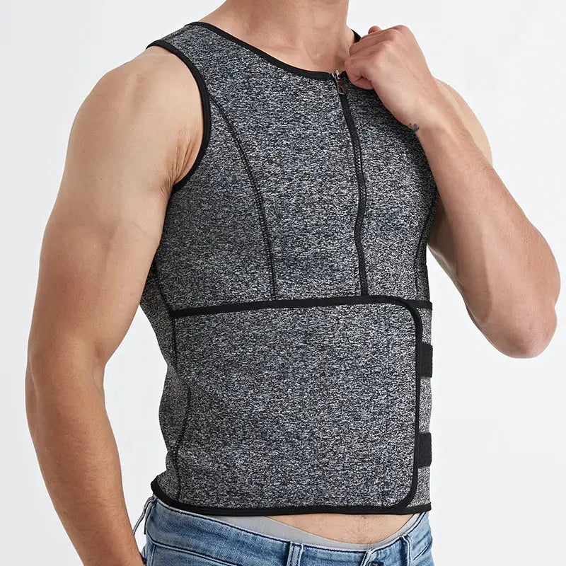 Men's body shaper waist trainer sauna vest, heather gray with black trim and zip front.