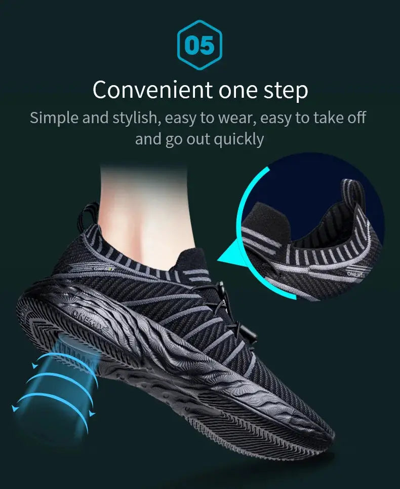 ONEMIX waterproof black running shoes for men, breathable anti-slip training sneakers.
