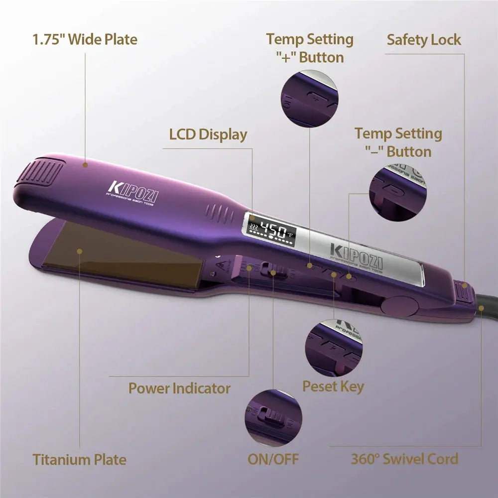 KIPOZI professional titanium flat iron, purple with LCD display