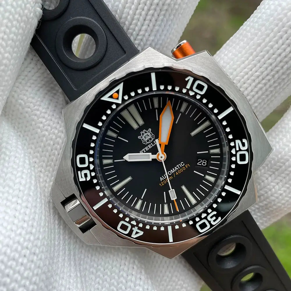 Steeldive Proplof SD1969 V3 dive watch, 56mm steel case, black dial, orange hands, automatic, rubber strap