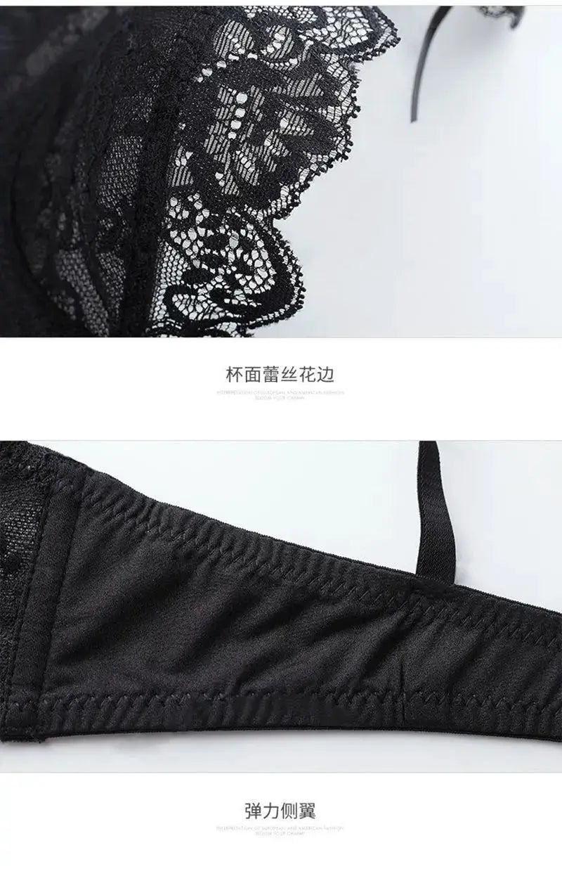 Black lace bra with mesh cups and elastic band; close-up of intricate lace trim and strap.