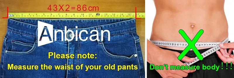 Jeans waistband image with Anbican branding, measuring tape and torso with green X; waist measurement caution.