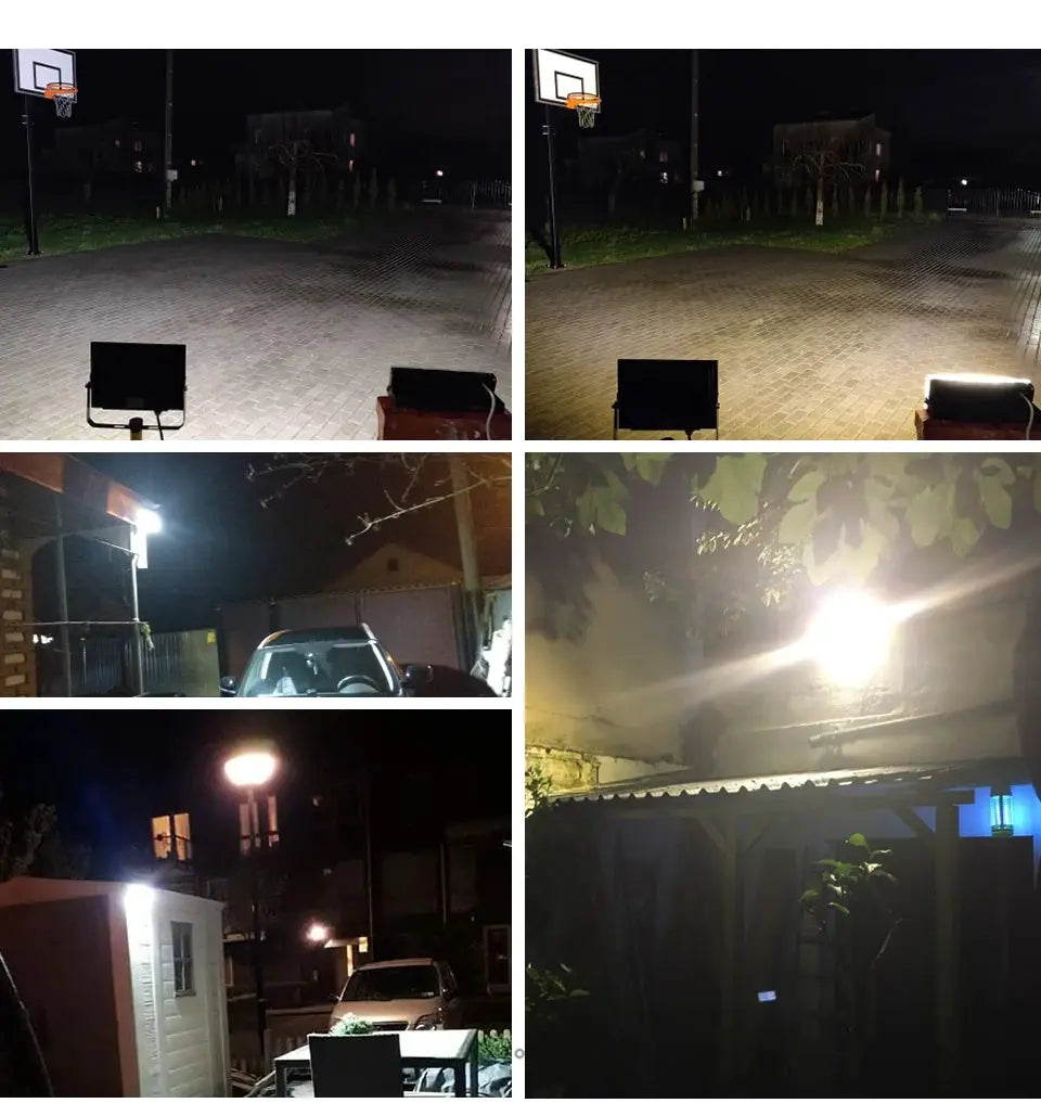Outdoor black LED flood light fixtures; multiple units shown; 50W/100W/150W, AC 220V