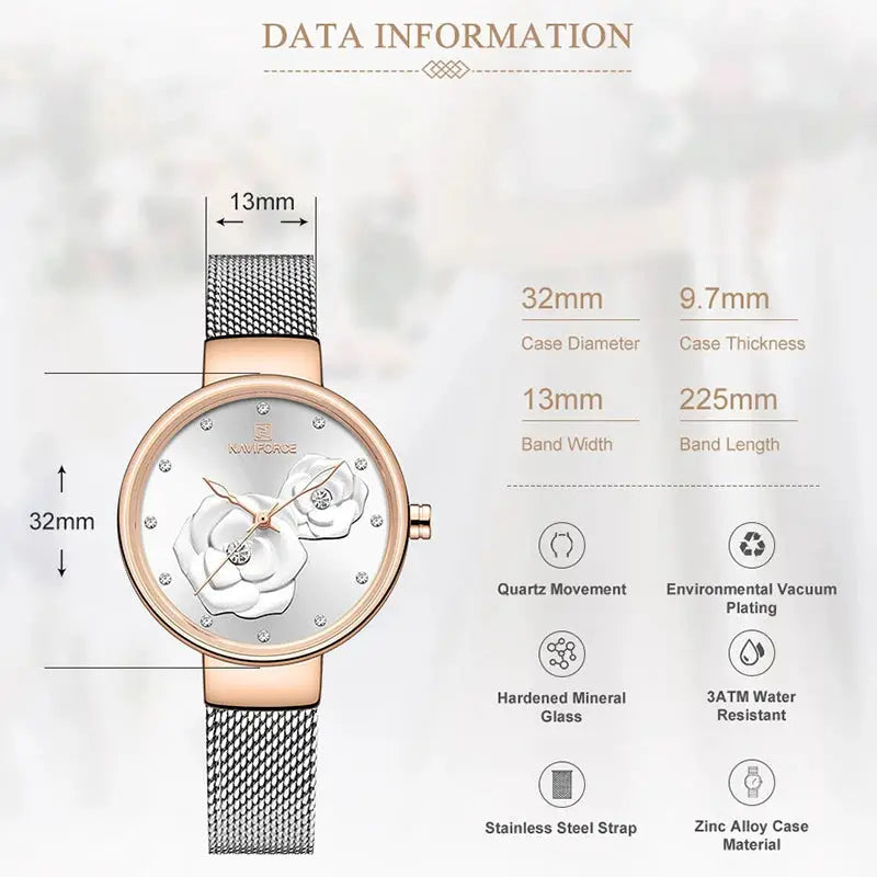 NAVIFORCE women’s watch with rose-gold stainless steel mesh strap, white floral dial, quartz movement.