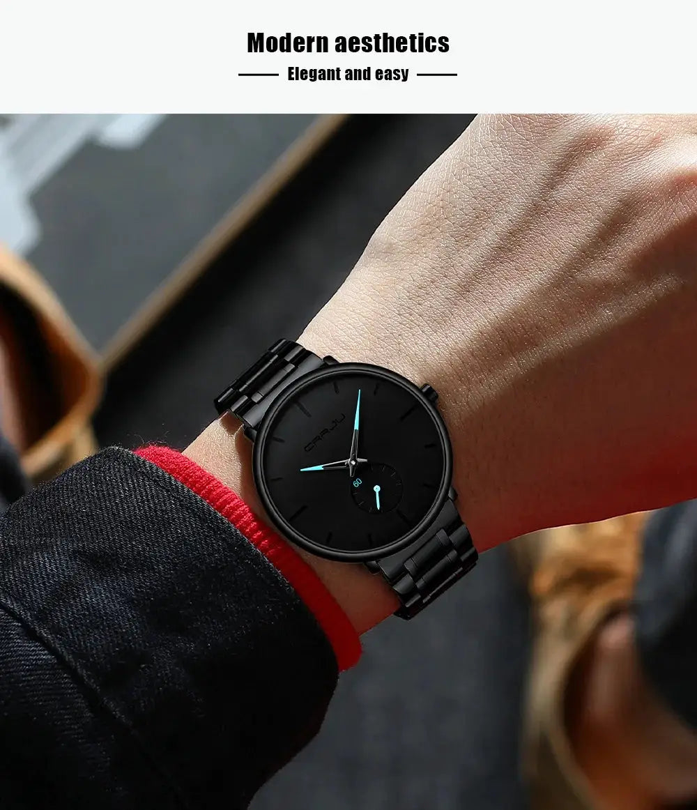 CRRJU men's black stainless steel watch with blue hands on wrist
