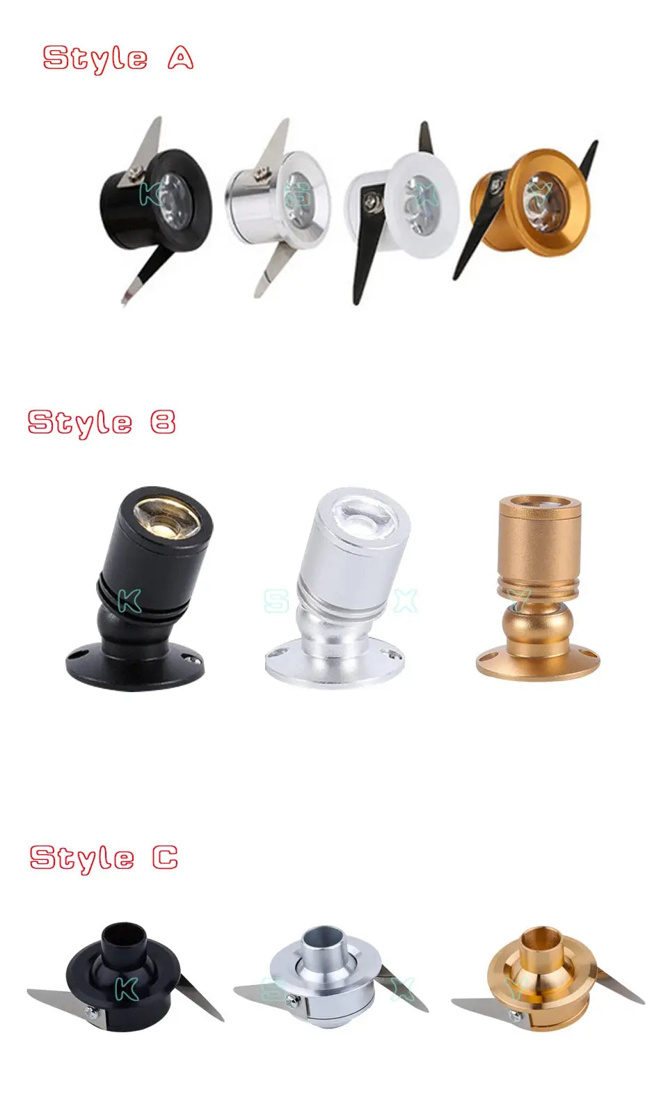 LED cabinet downlights set by Simples Market, 1W–3W, Styles A–C in black, silver, white, gold with mounts and driver